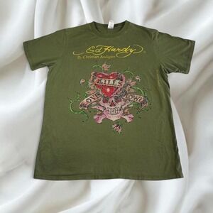 Ed Hardy green skull graphic top y2k vintage mcbling‎ grunge skater